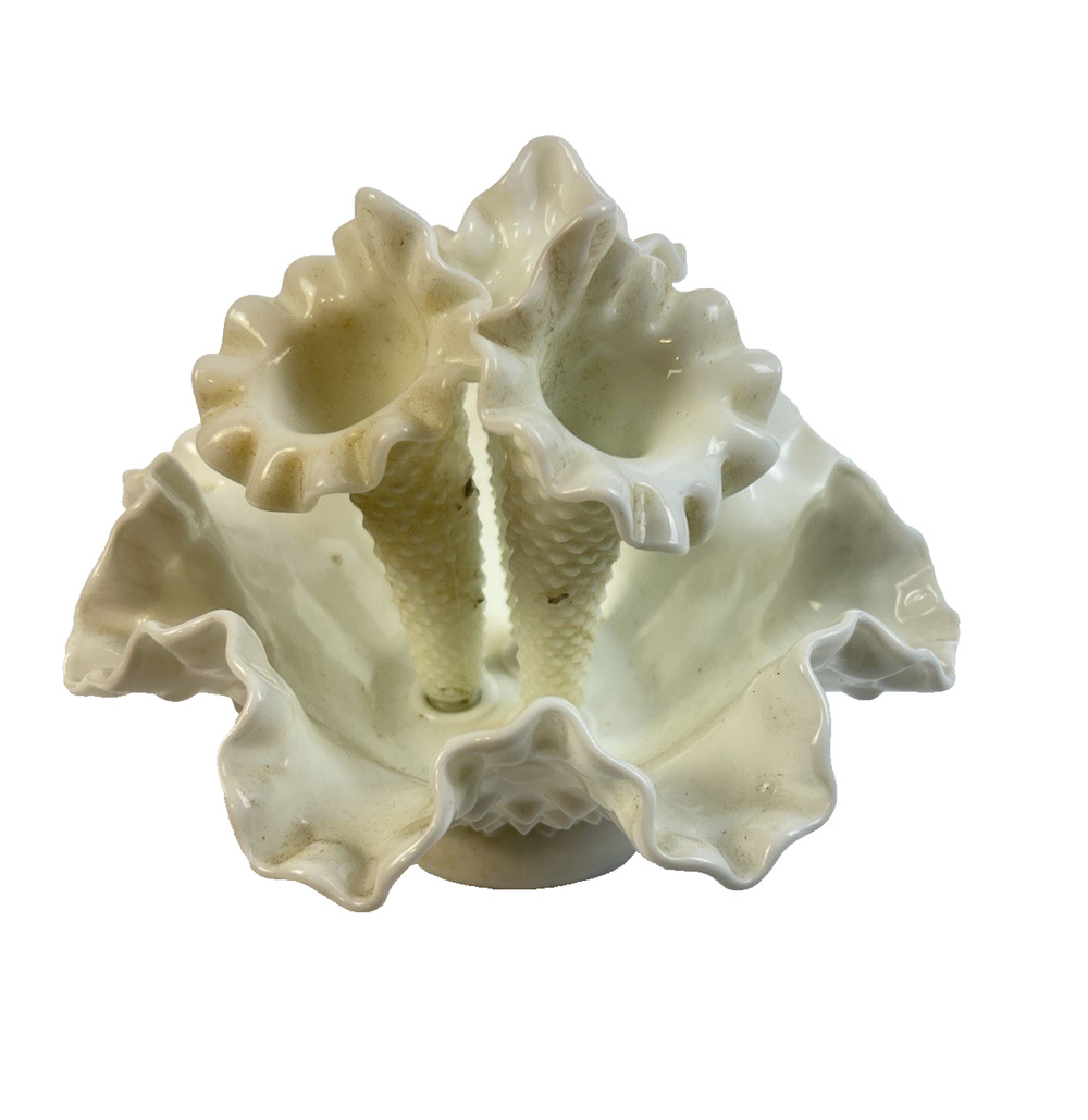 Fenton White Milk Glass Hobnail 3 Horn Vase Epergne Ruffled Bowl Centerpiece